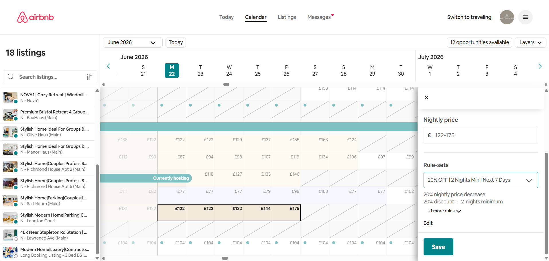 Airbnb calendar with pricing rule-set applied