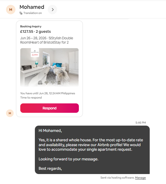 Booking inquiry response through hosting software