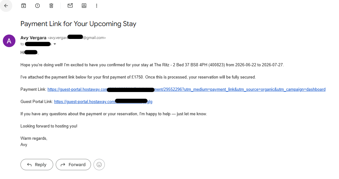 Email with payment link sent to guest
