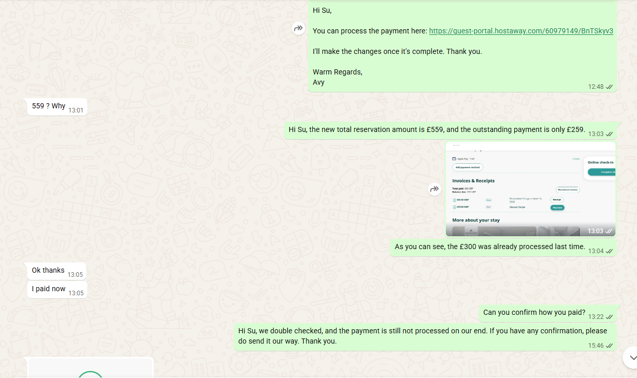 Payment link sent for booking extension