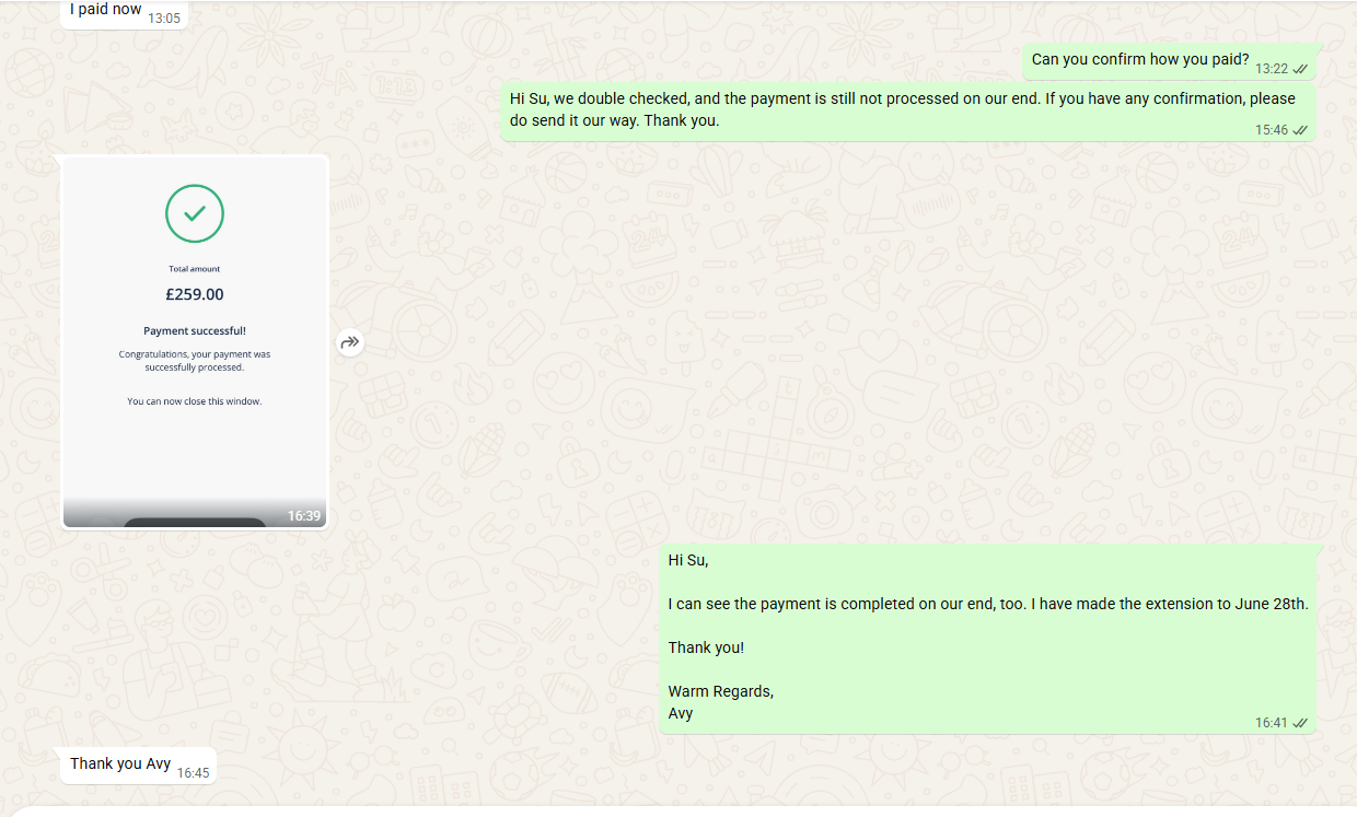 Payment confirmed and extension finalized