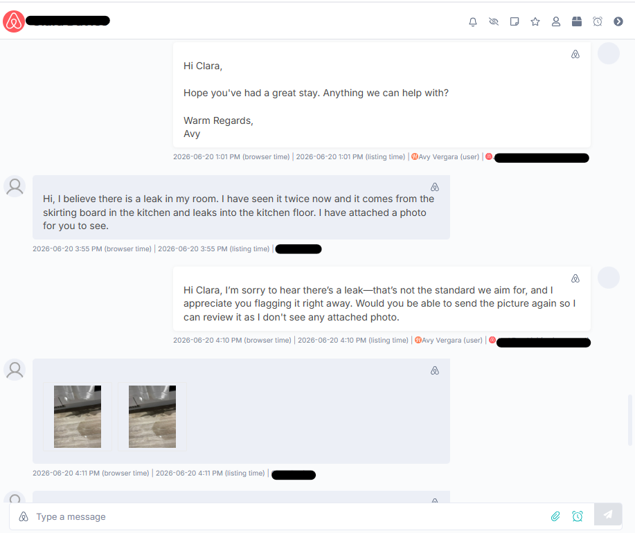 Guest leak complaint handled via Airbnb messaging